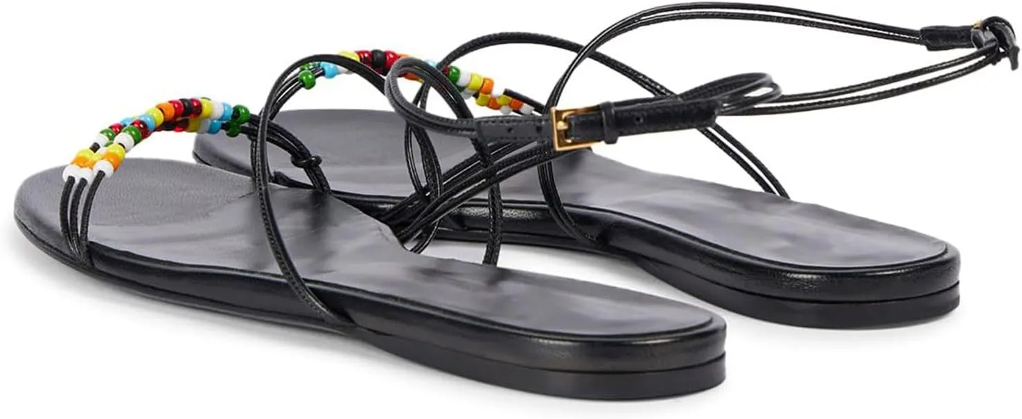 Beaded Strappy Flat Sandals for Women Bohemian Sandals Open Toe Slingback Flats Summer Vacation Beach Casual Daily Dressy Cute Shoes