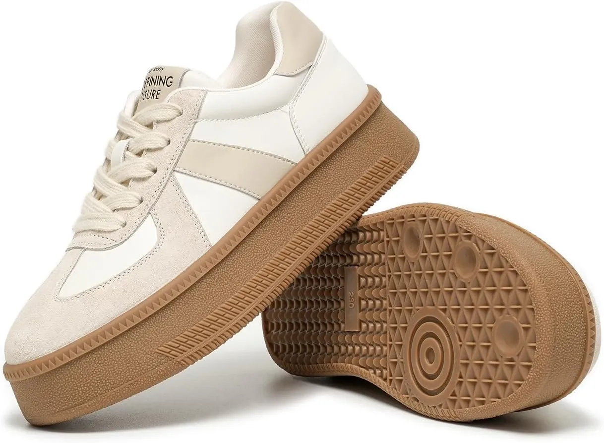 BEAU TODAY Womens Platform Retro Sneakers, Fashion Sneakers for Women, Casual Suede Leather Sneakers, Comfortable Lace Up Non-Slip Walking Tennis Trainer Shoes