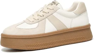 BEAU TODAY Womens Platform Retro Sneakers, Fashion Sneakers for Women, Casual Suede Leather Sneakers, Comfortable Lace Up Non-Slip Walking Tennis Trainer Shoes