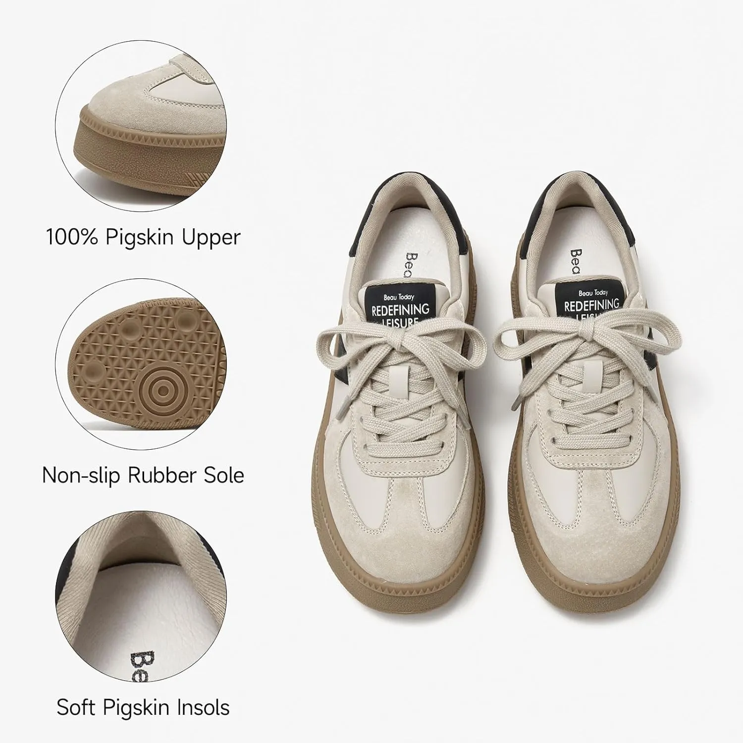BEAU TODAY Womens Platform Retro Sneakers, Fashion Sneakers for Women, Casual Suede Leather Sneakers, Comfortable Lace Up Non-Slip Walking Tennis Trainer Shoes
