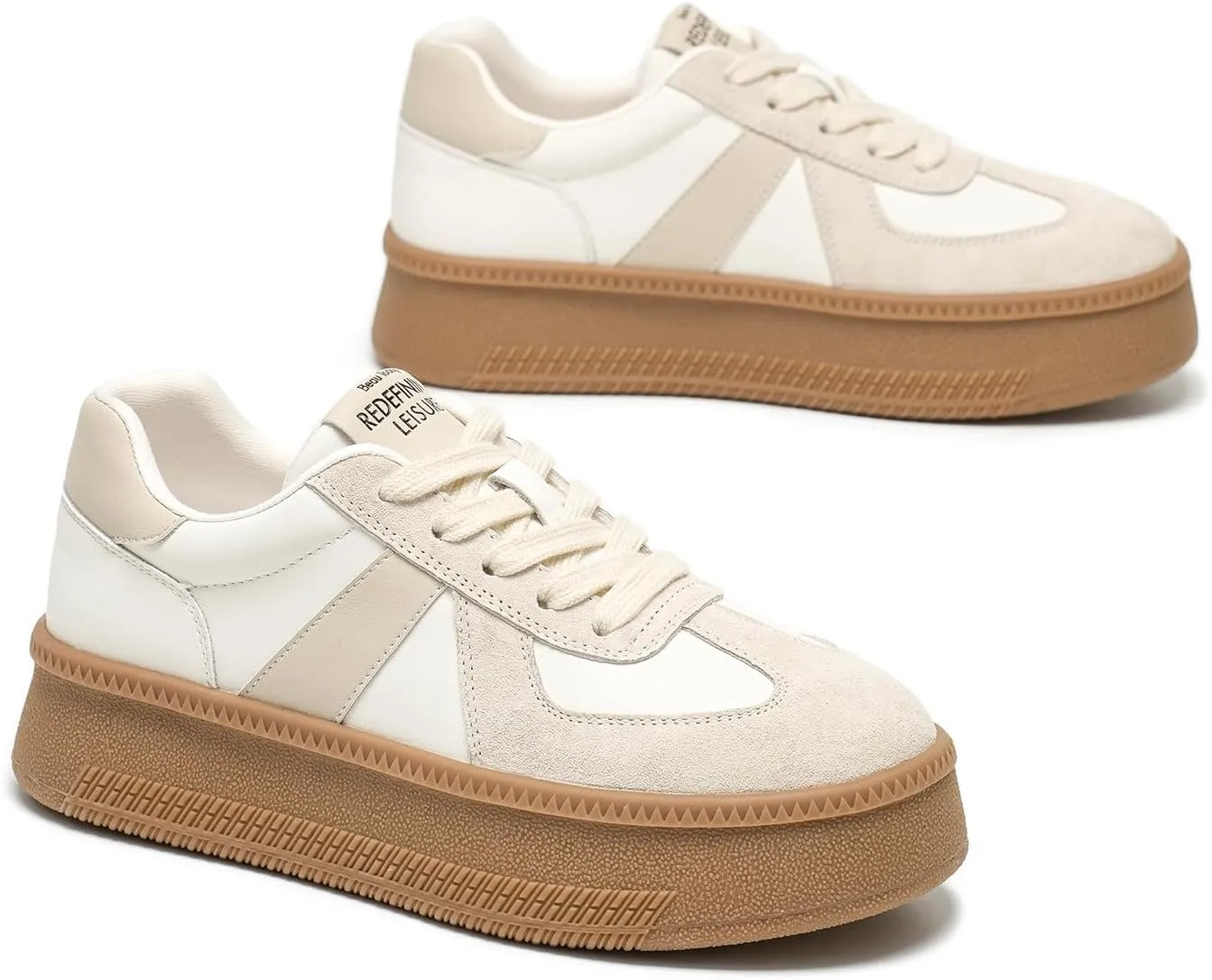 BEAU TODAY Womens Platform Retro Sneakers, Fashion Sneakers for Women, Casual Suede Leather Sneakers, Comfortable Lace Up Non-Slip Walking Tennis Trainer Shoes
