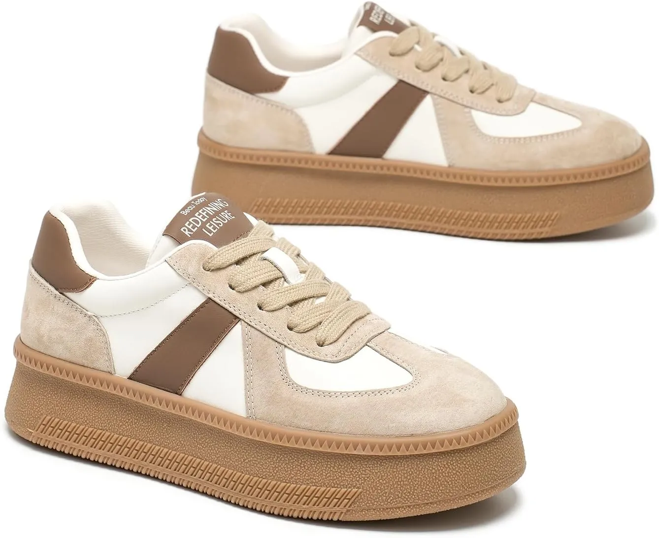 BEAU TODAY Womens Platform Retro Sneakers, Fashion Sneakers for Women, Casual Suede Leather Sneakers, Comfortable Lace Up Non-Slip Walking Tennis Trainer Shoes