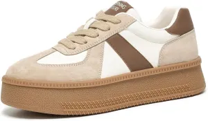 BEAU TODAY Womens Platform Retro Sneakers, Fashion Sneakers for Women, Casual Suede Leather Sneakers, Comfortable Lace Up Non-Slip Walking Tennis Trainer Shoes