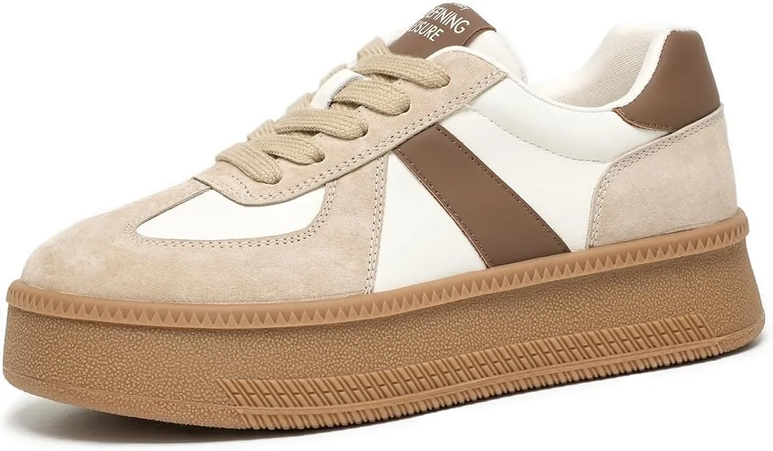 BEAU TODAY Womens Platform Retro Sneakers, Fashion Sneakers for Women, Casual Suede Leather Sneakers, Comfortable Lace Up Non-Slip Walking Tennis Trainer Shoes