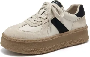 BEAU TODAY Womens Platform Retro Sneakers, Fashion Sneakers for Women, Casual Suede Leather Sneakers, Comfortable Lace Up Non-Slip Walking Tennis Trainer Shoes