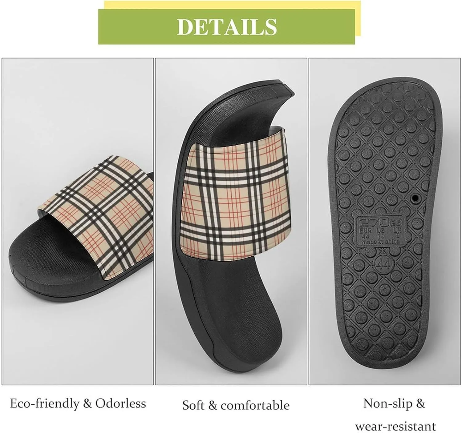 Beige Plaid Tartan Checkered Womens Slide Sandals Non Slip Summer House Slippers for Girls Slip-on Flip Flops