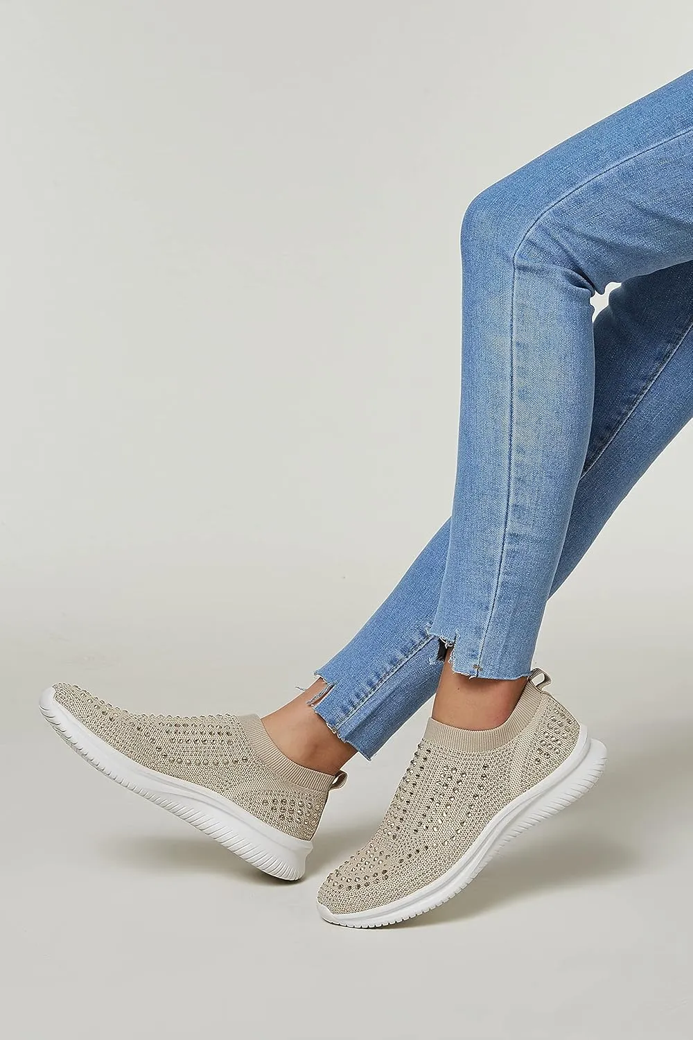 BELOS Women's Rhinestone Mesh Slip On Walking Shoes Fashion Breathable Spakle Glitter Sneaker
