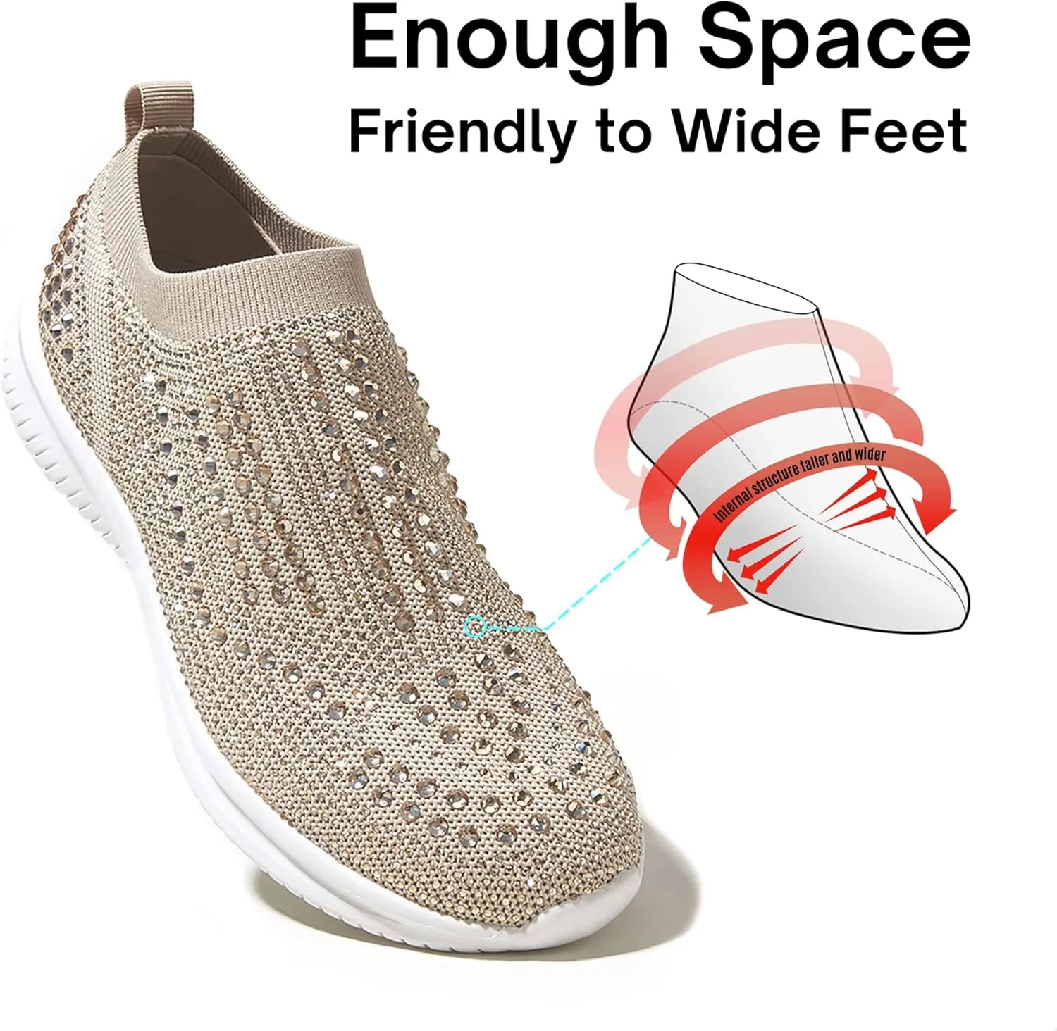 BELOS Women's Rhinestone Mesh Slip On Walking Shoes Fashion Breathable Spakle Glitter Sneaker