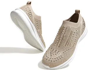 BELOS Women's Rhinestone Mesh Slip On Walking Shoes Fashion Breathable Spakle Glitter Sneaker