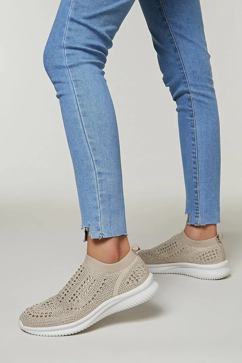 BELOS Women's Rhinestone Mesh Slip On Walking Shoes Fashion Breathable Spakle Glitter Sneaker
