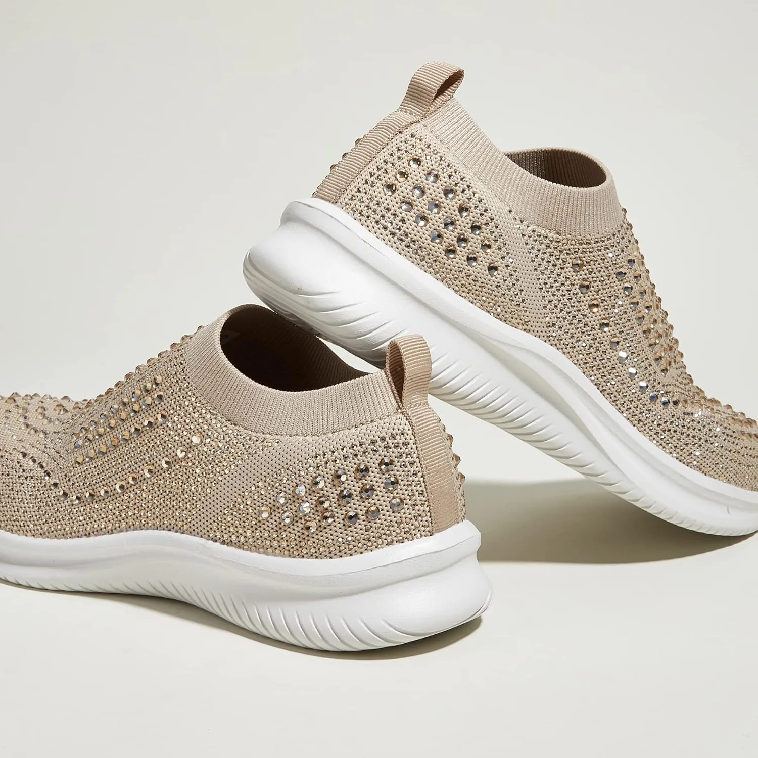 BELOS Women's Rhinestone Mesh Slip On Walking Shoes Fashion Breathable Spakle Glitter Sneaker
