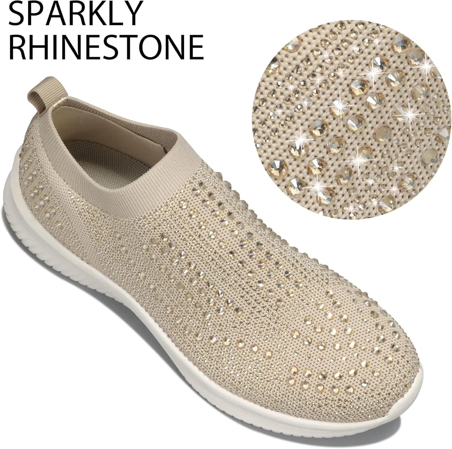 BELOS Women's Rhinestone Mesh Slip On Walking Shoes Fashion Breathable Spakle Glitter Sneaker