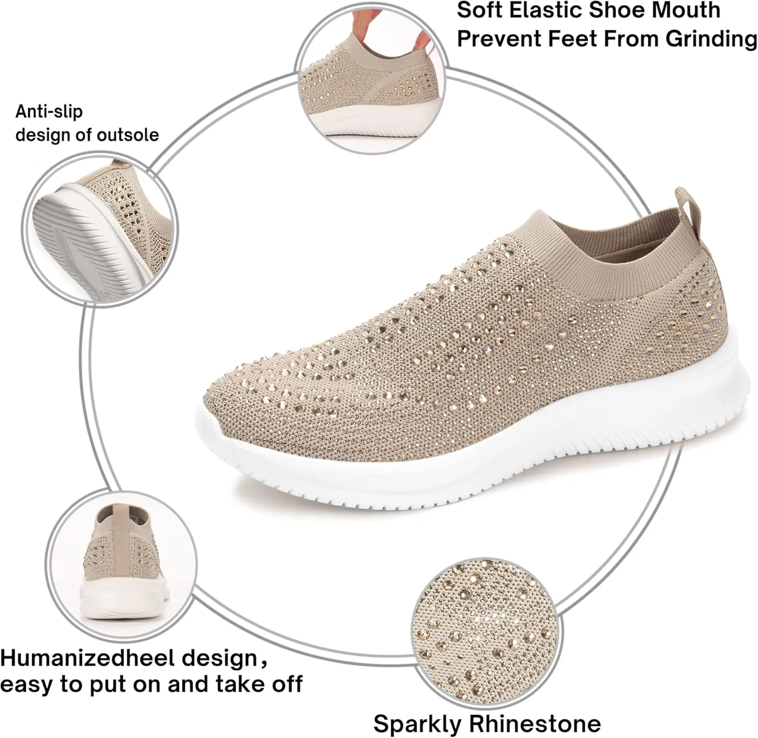 BELOS Women's Rhinestone Mesh Slip On Walking Shoes Fashion Breathable Spakle Glitter Sneaker