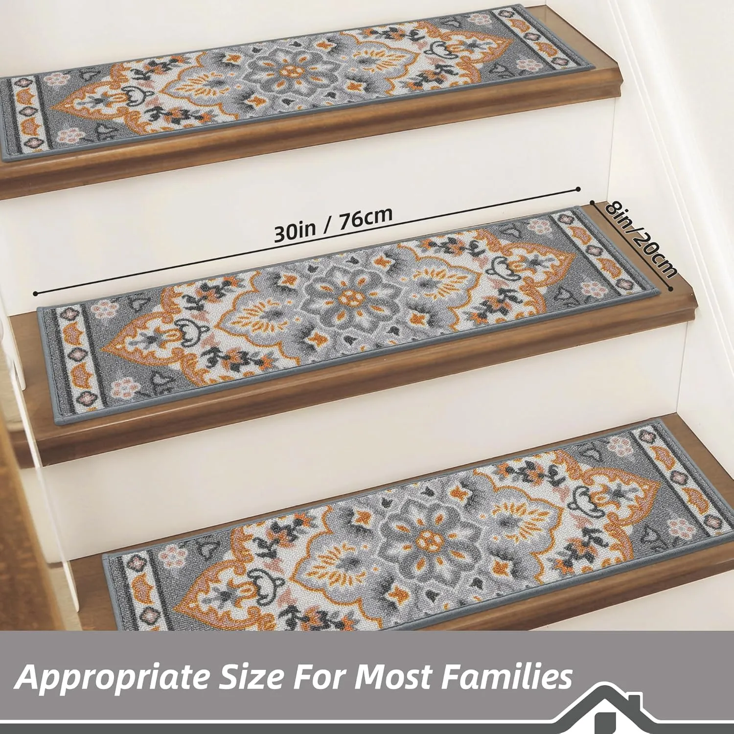BEQHAUSE Stair Treads for Wooden Steps Non-Slip Machine Washable Carpet Stair Treads 8"X30" Soft Indoor Stair Rug Runner for Kids Elders and Pets, 100% Polyester, TPE Backing, 15pcs, Grey/Orange