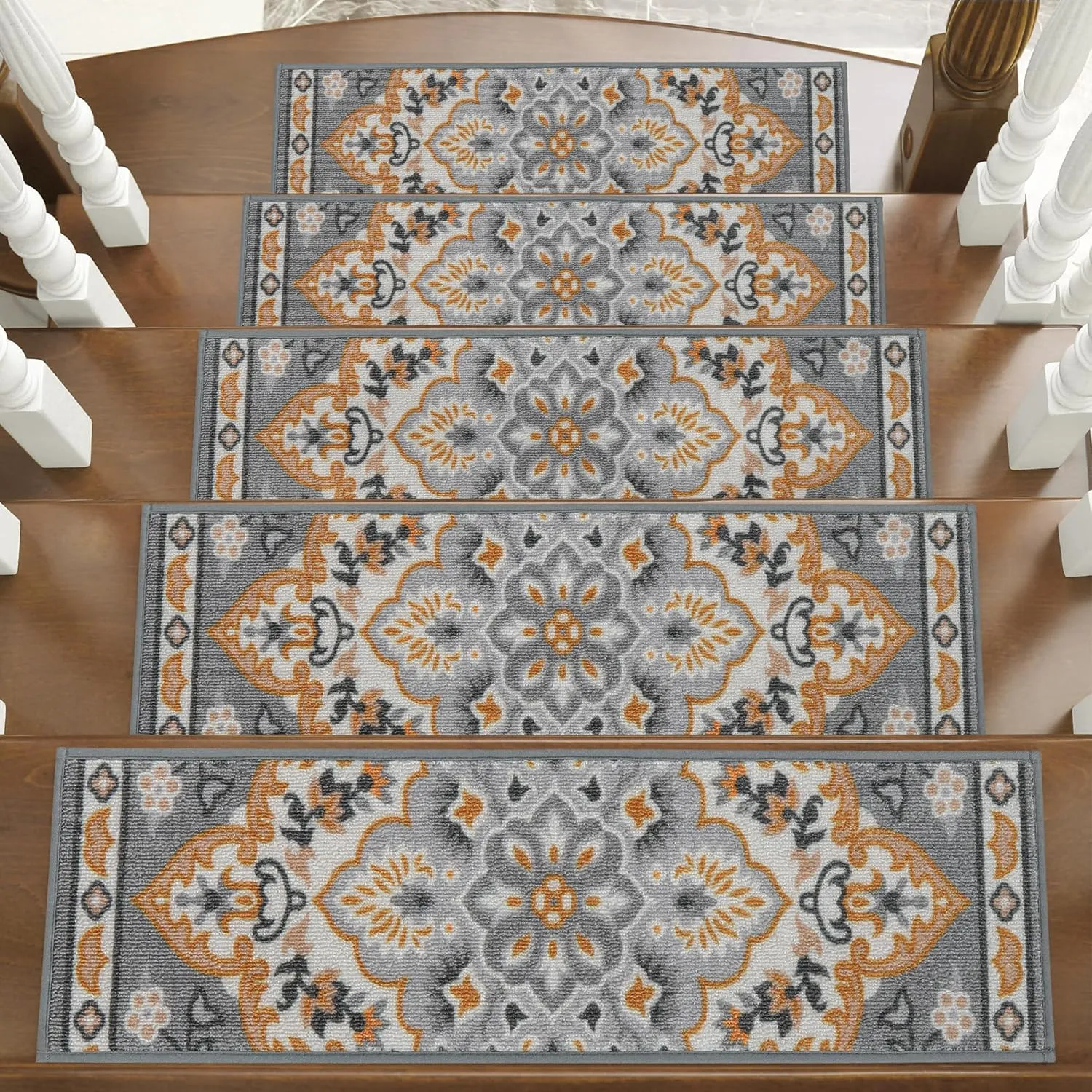 BEQHAUSE Stair Treads for Wooden Steps Non-Slip Machine Washable Carpet Stair Treads 8"X30" Soft Indoor Stair Rug Runner for Kids Elders and Pets, 100% Polyester, TPE Backing, 15pcs, Grey/Orange