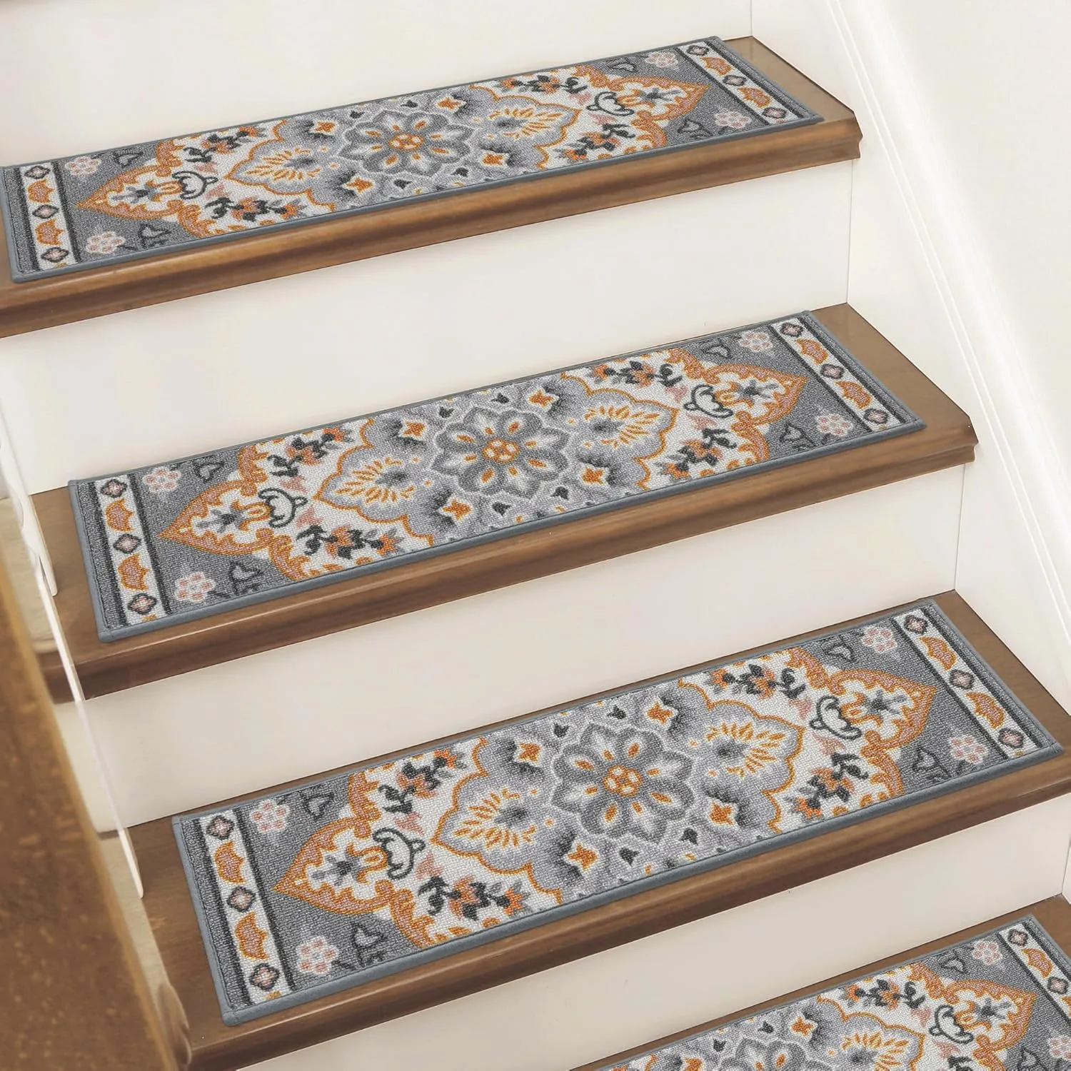 BEQHAUSE Stair Treads for Wooden Steps Non-Slip Machine Washable Carpet Stair Treads 8"X30" Soft Indoor Stair Rug Runner for Kids Elders and Pets, 100% Polyester, TPE Backing, 15pcs, Grey/Orange