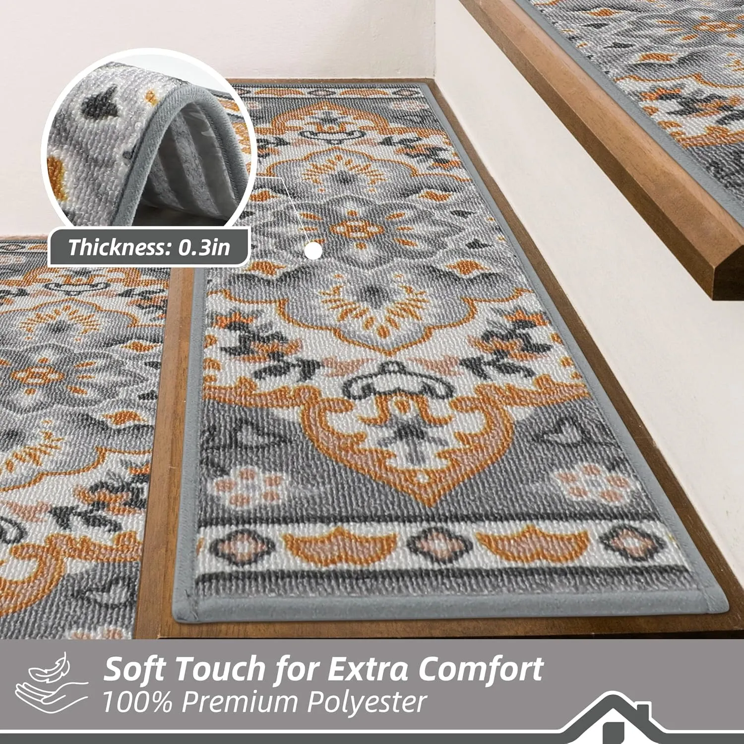 BEQHAUSE Stair Treads for Wooden Steps Non-Slip Machine Washable Carpet Stair Treads 8"X30" Soft Indoor Stair Rug Runner for Kids Elders and Pets, 100% Polyester, TPE Backing, 15pcs, Grey/Orange