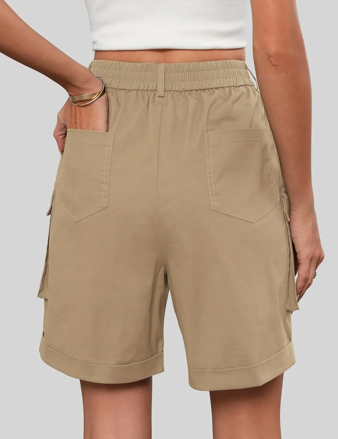 Bermuda Shorts for Women Cargo Cotton Shorts High Waist Knee Length 6 Pockets 2025 Summer Casual Long Shorts