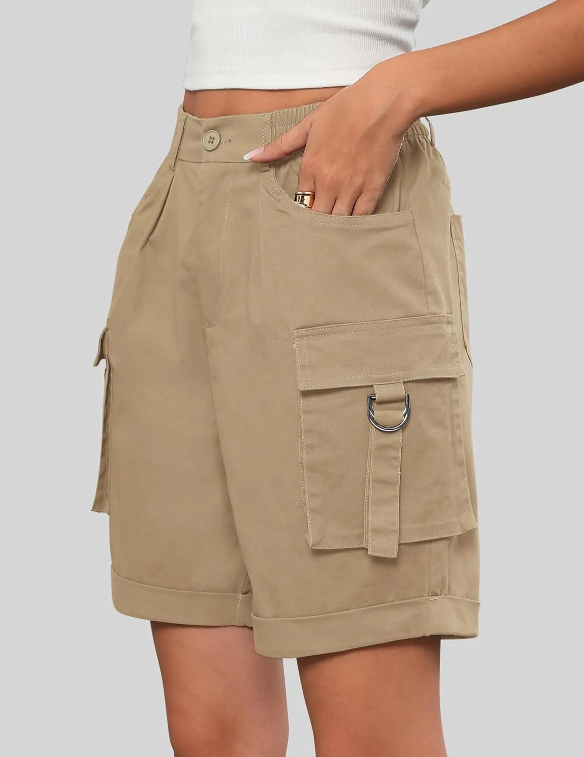 Bermuda Shorts for Women Cargo Cotton Shorts High Waist Knee Length 6 Pockets 2025 Summer Casual Long Shorts