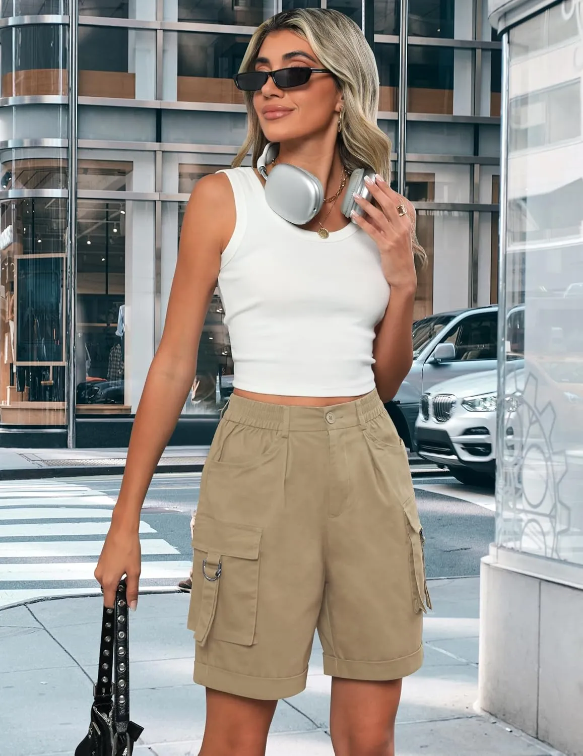 Bermuda Shorts for Women Cargo Cotton Shorts High Waist Knee Length 6 Pockets 2025 Summer Casual Long Shorts