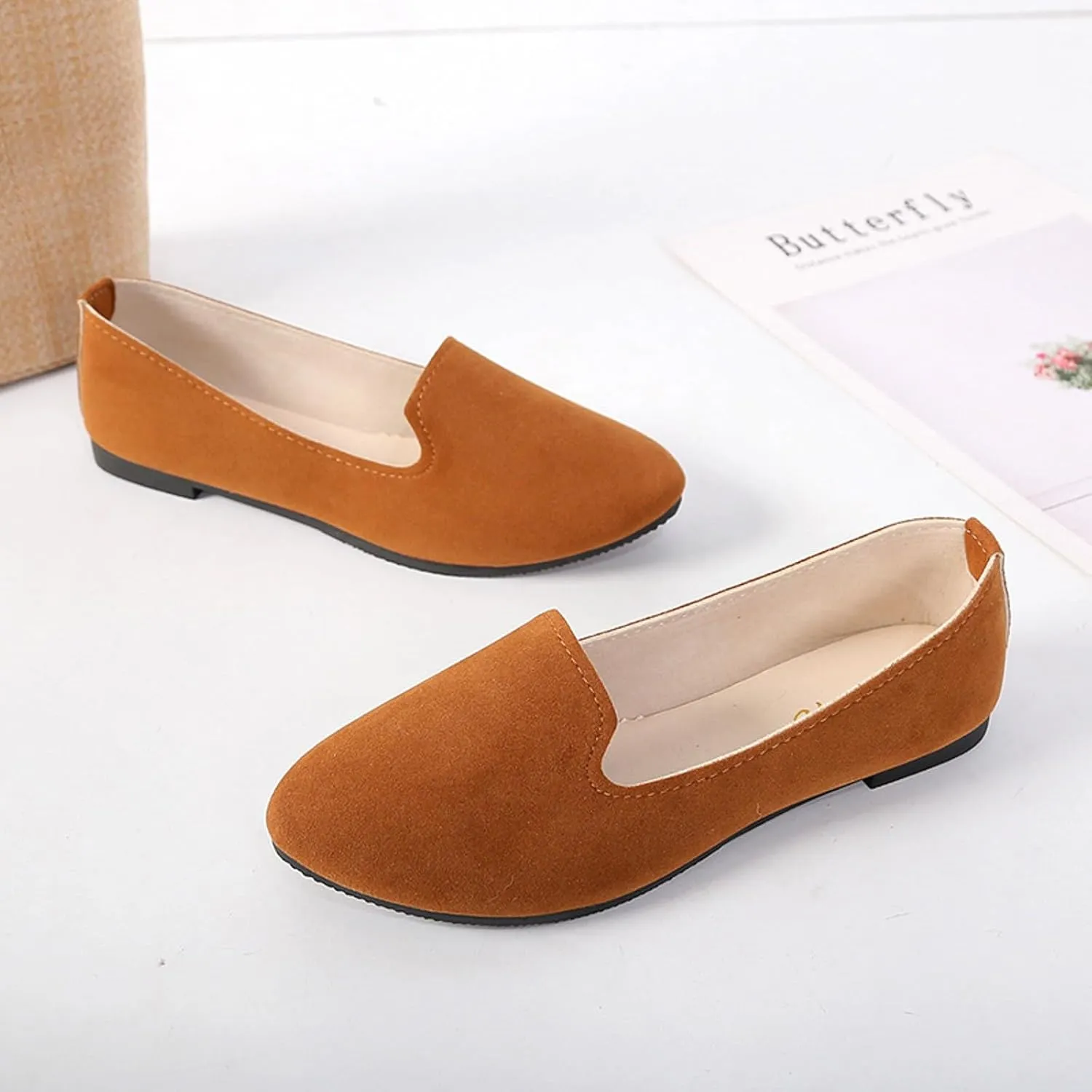 Black Flats for Women Slip on Classic Flats Comfortable Dressy Faux Suede Ballet Flats Shoes Casual Walking Flat Shoes for Women