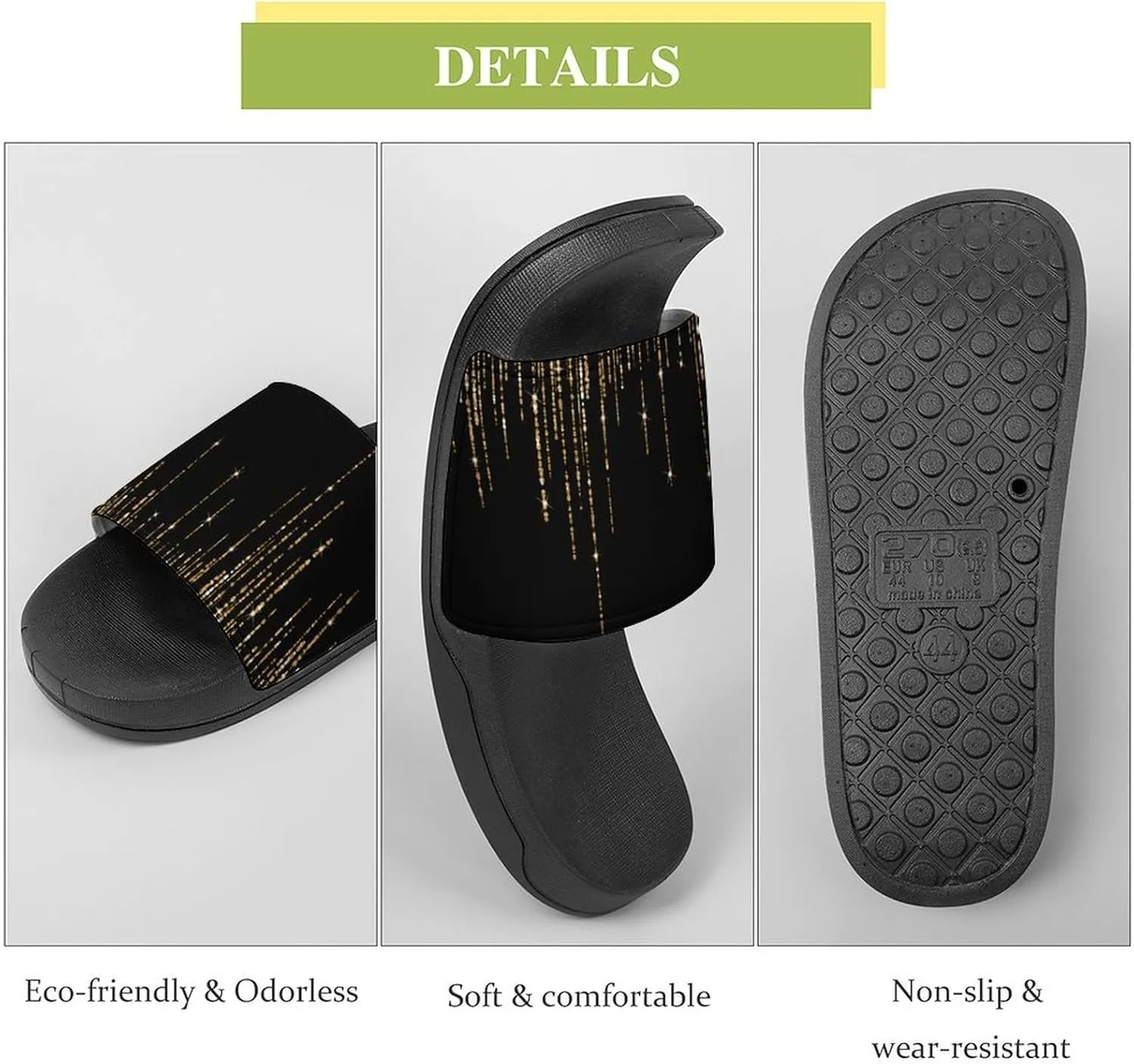 Black Gold Sparkly Glitter Fringe Womens Slide Sandals Non Slip Summer House Slippers for Girls Slip-on Flip Flops