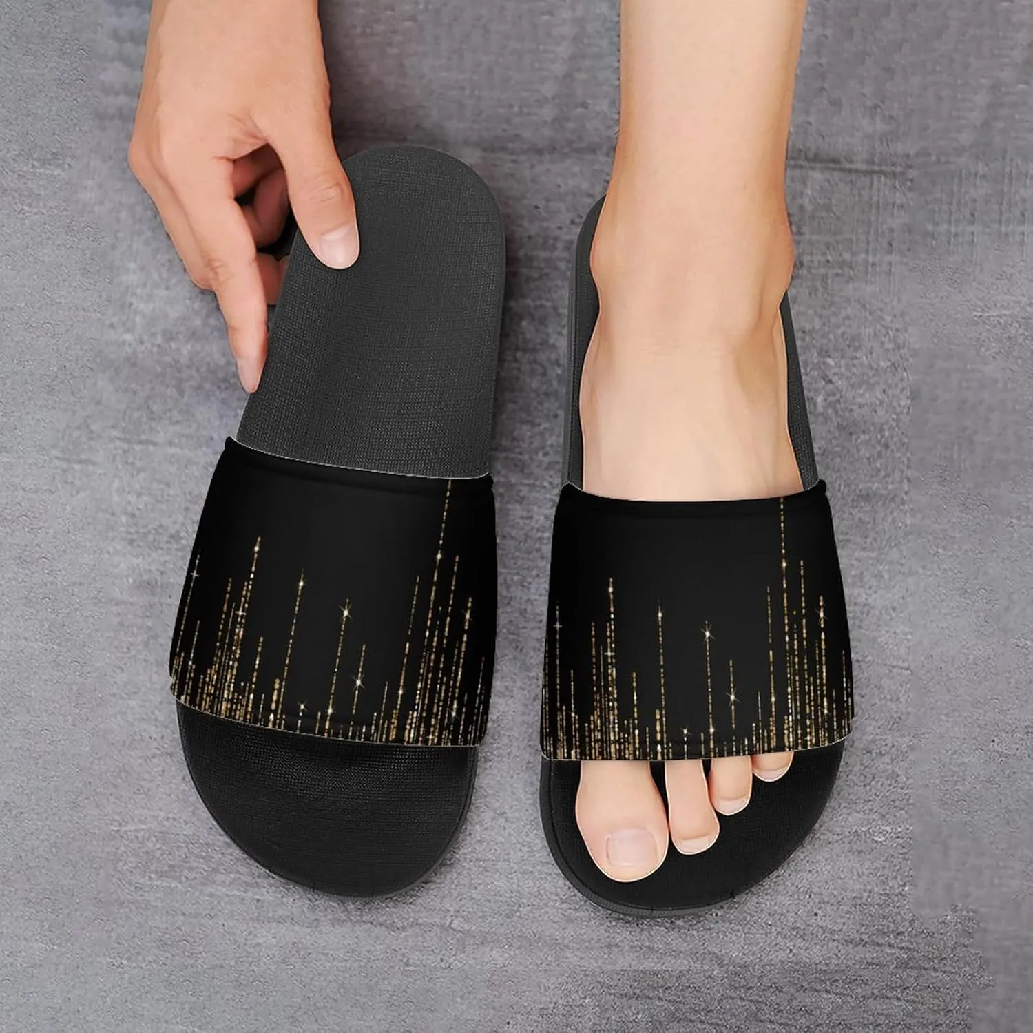 Black Gold Sparkly Glitter Fringe Womens Slide Sandals Non Slip Summer House Slippers for Girls Slip-on Flip Flops