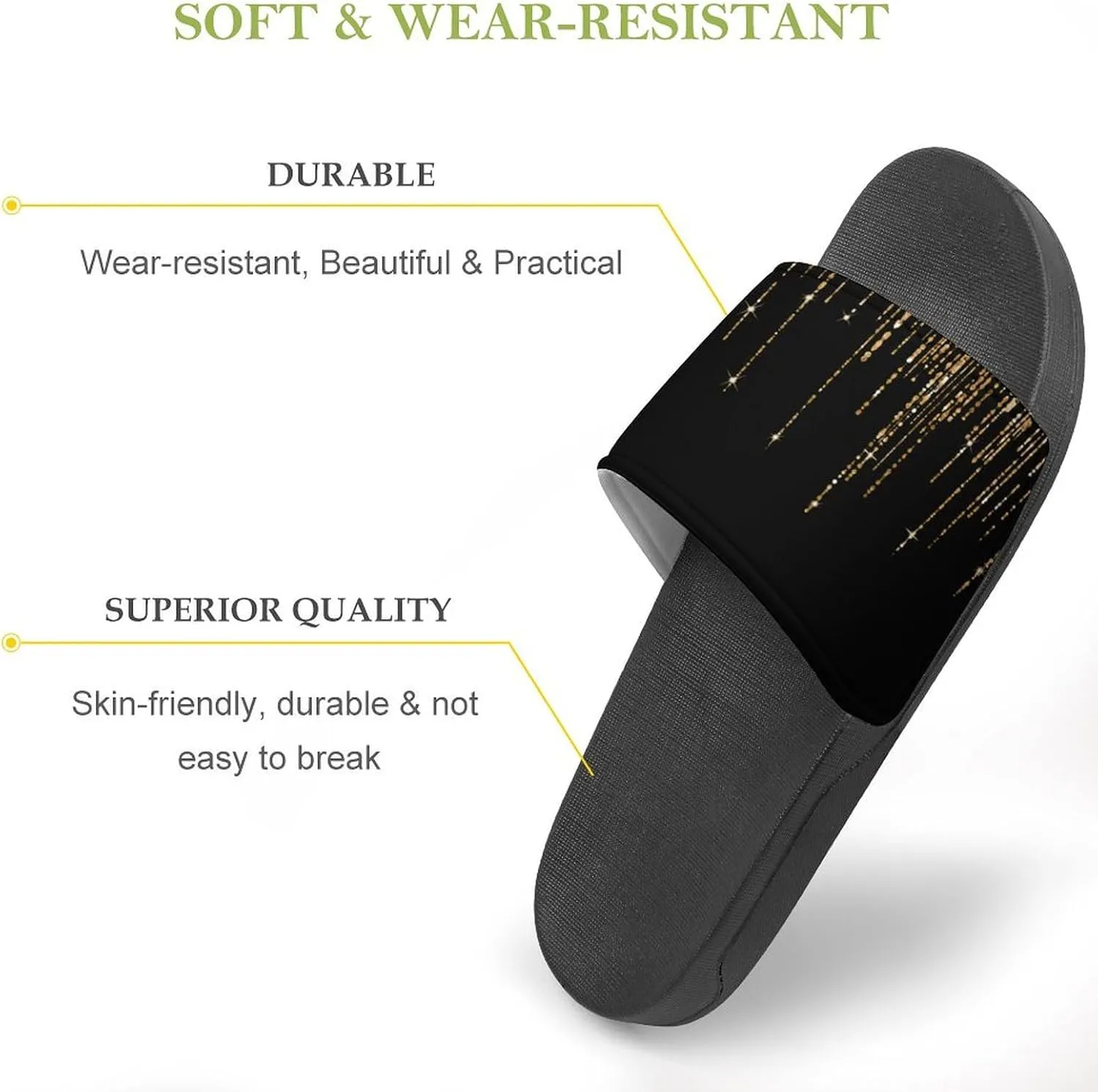 Black Gold Sparkly Glitter Fringe Womens Slide Sandals Non Slip Summer House Slippers for Girls Slip-on Flip Flops