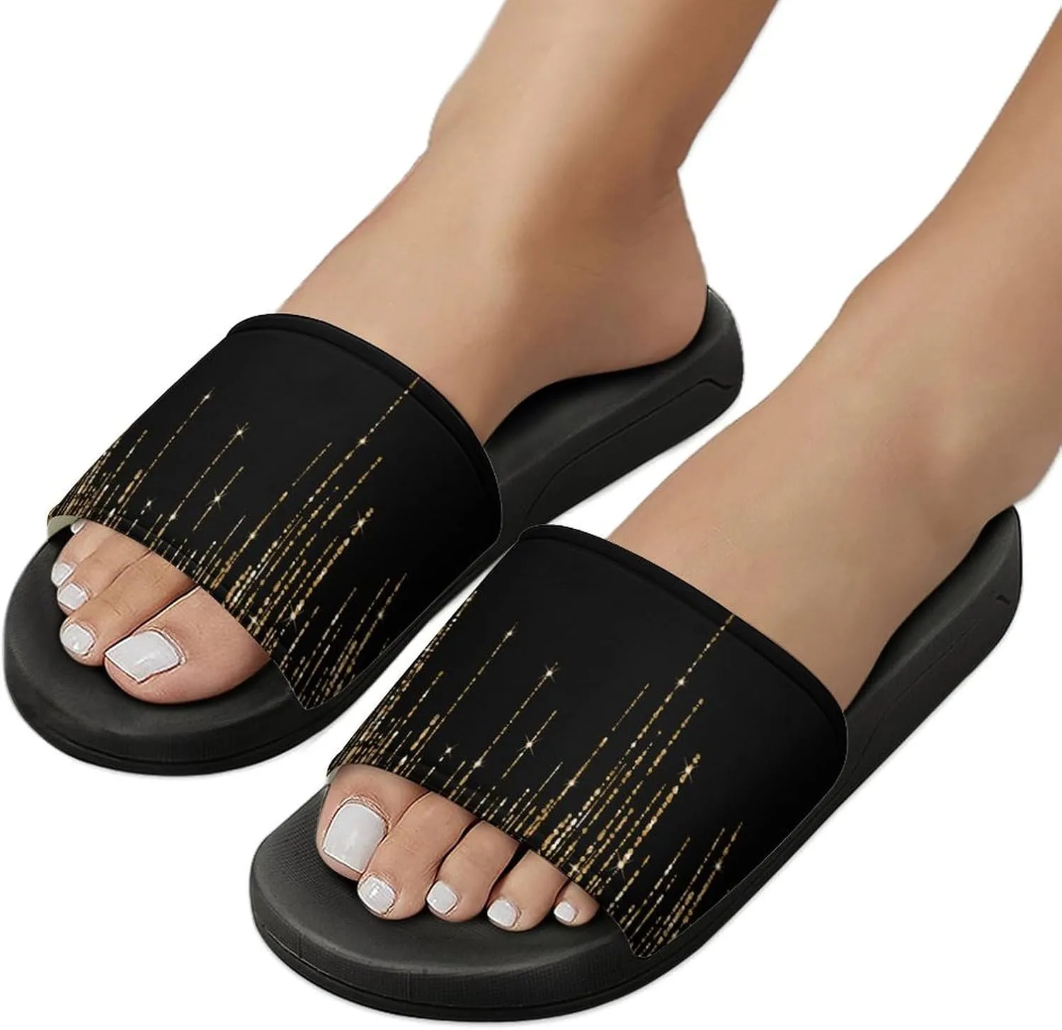 Black Gold Sparkly Glitter Fringe Womens Slide Sandals Non Slip Summer House Slippers for Girls Slip-on Flip Flops