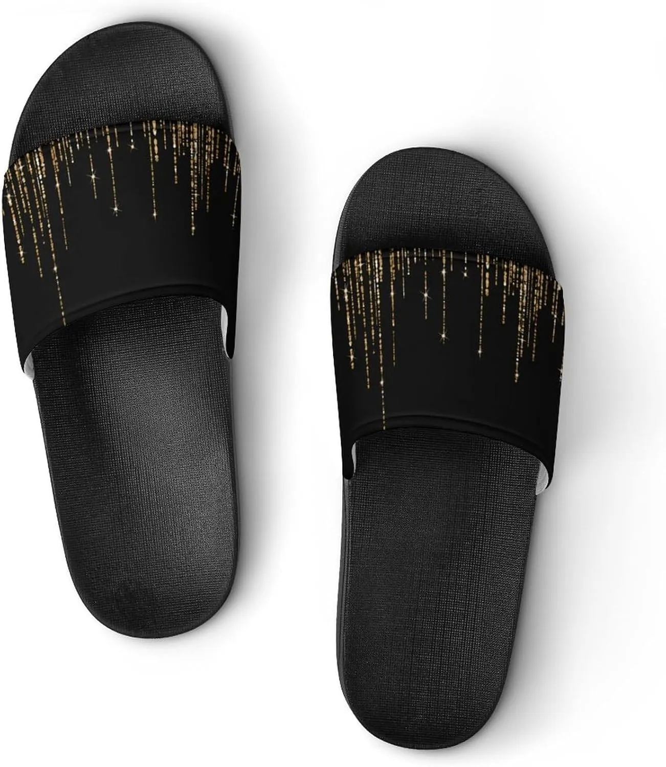 Black Gold Sparkly Glitter Fringe Womens Slide Sandals Non Slip Summer House Slippers for Girls Slip-on Flip Flops