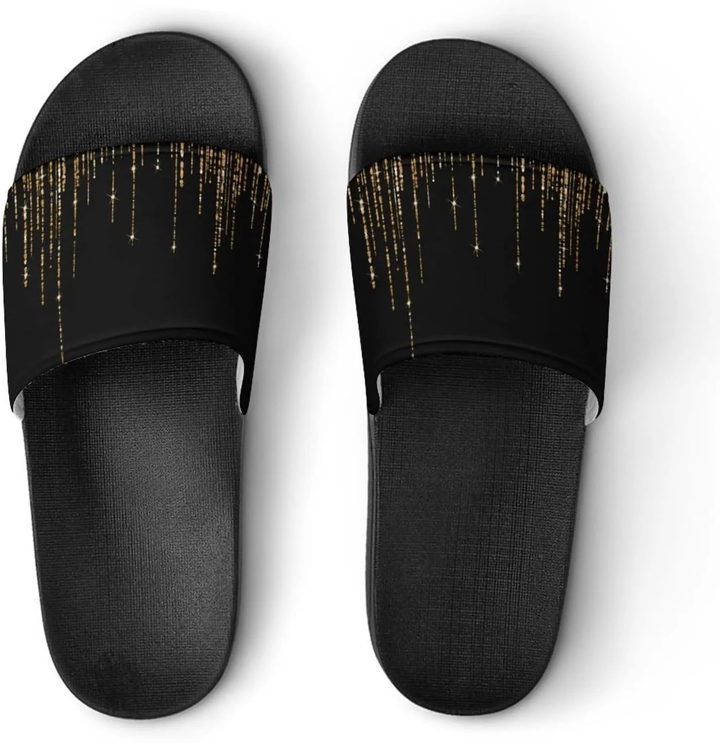 Black Gold Sparkly Glitter Fringe Womens Slide Sandals Non Slip Summer House Slippers for Girls Slip-on Flip Flops