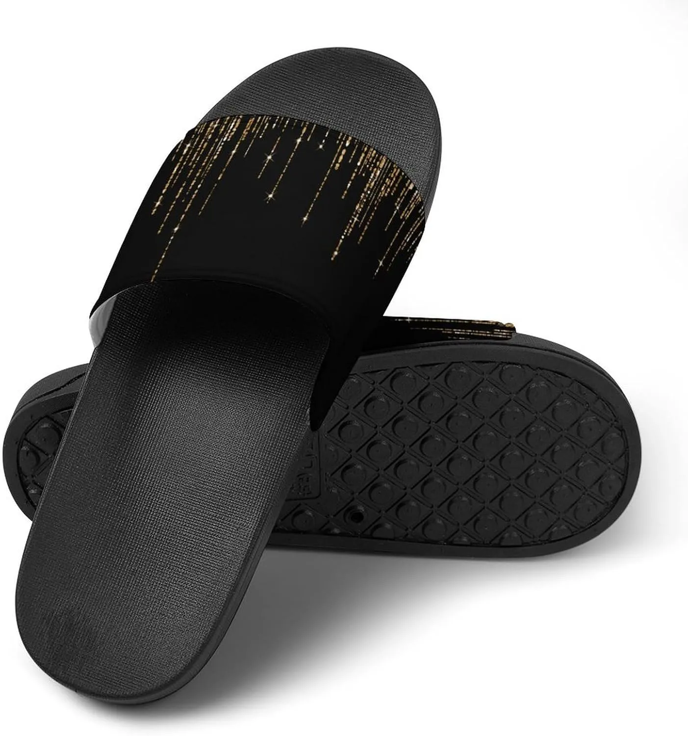 Black Gold Sparkly Glitter Fringe Womens Slide Sandals Non Slip Summer House Slippers for Girls Slip-on Flip Flops