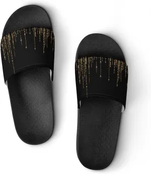 Black Gold Sparkly Glitter Fringe Womens Slide Sandals Non Slip Summer House Slippers for Girls Slip-on Flip Flops