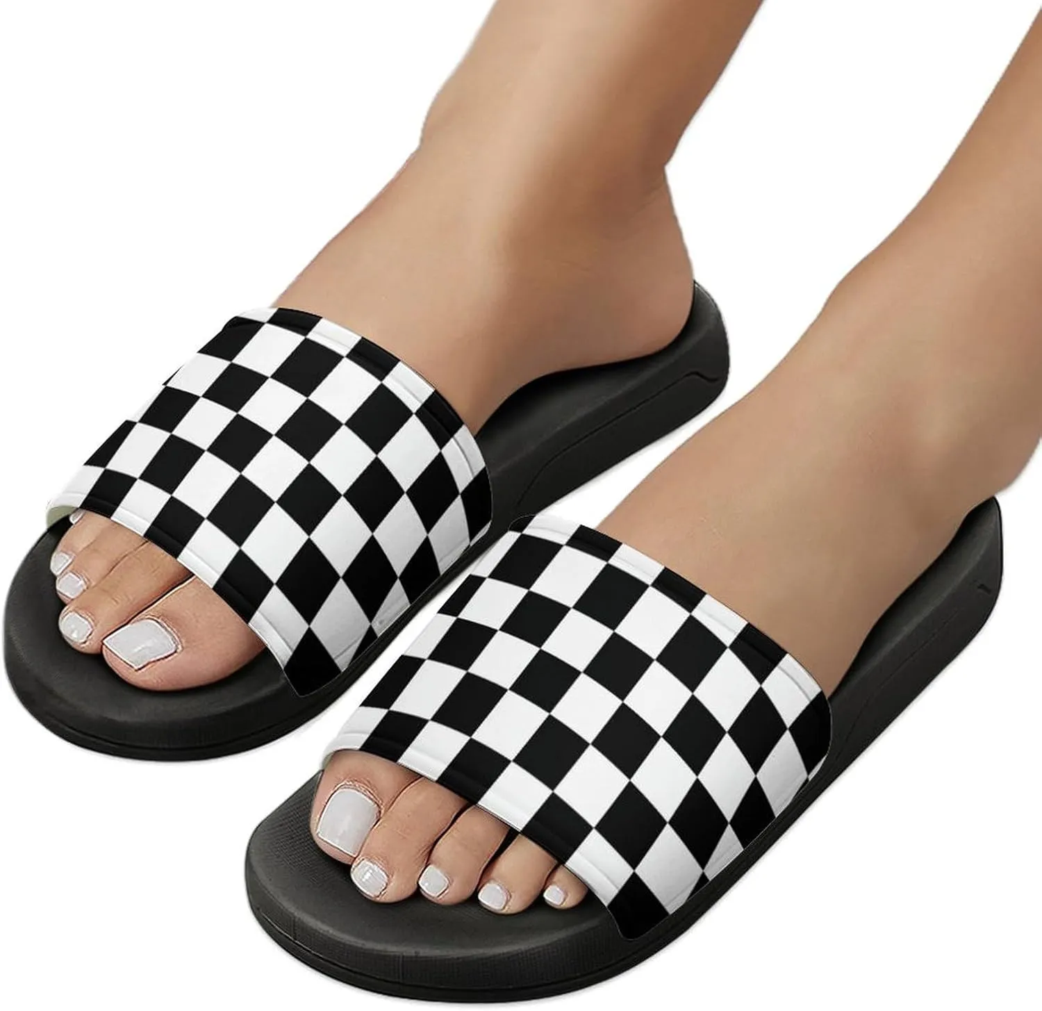 Black White Checkered Womens Slide Sandals Non Slip Summer House Slippers for Girls Slip-on Flip Flops