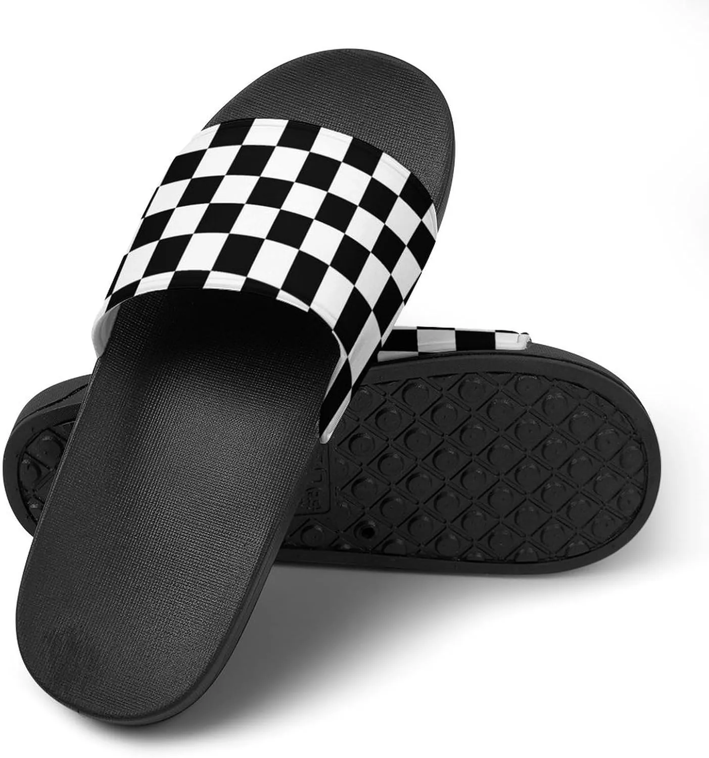 Black White Checkered Womens Slide Sandals Non Slip Summer House Slippers for Girls Slip-on Flip Flops