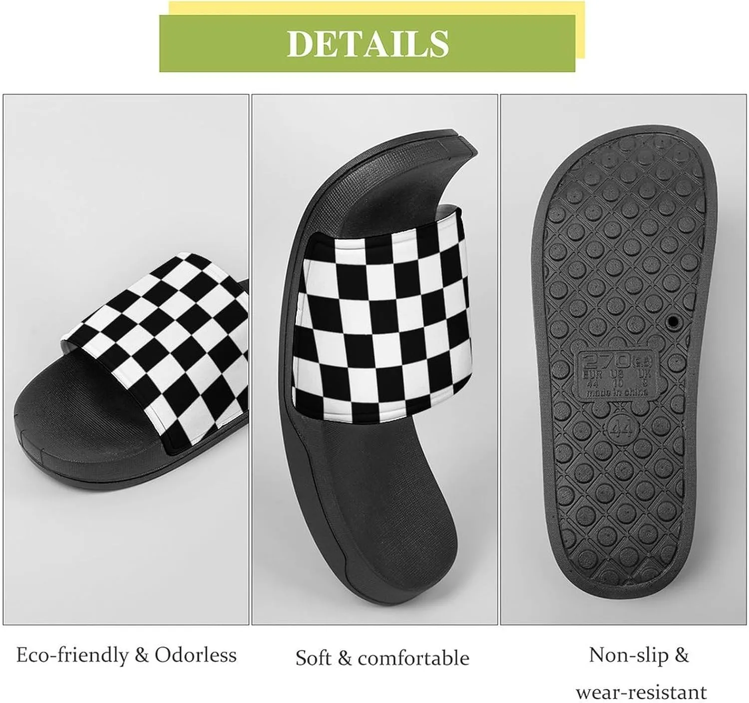 Black White Checkered Womens Slide Sandals Non Slip Summer House Slippers for Girls Slip-on Flip Flops