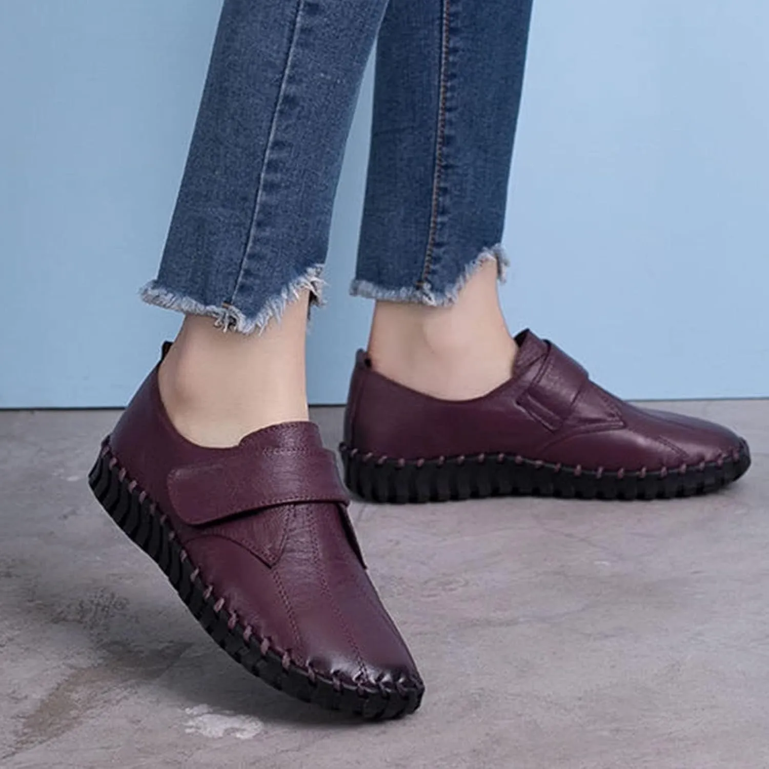 BlackeEight Women's Non Slip Nursing Shoes,Comfy Hand-Stitching Leather Non-Slip Softsole Hook and Loop Casual Walking Loafers