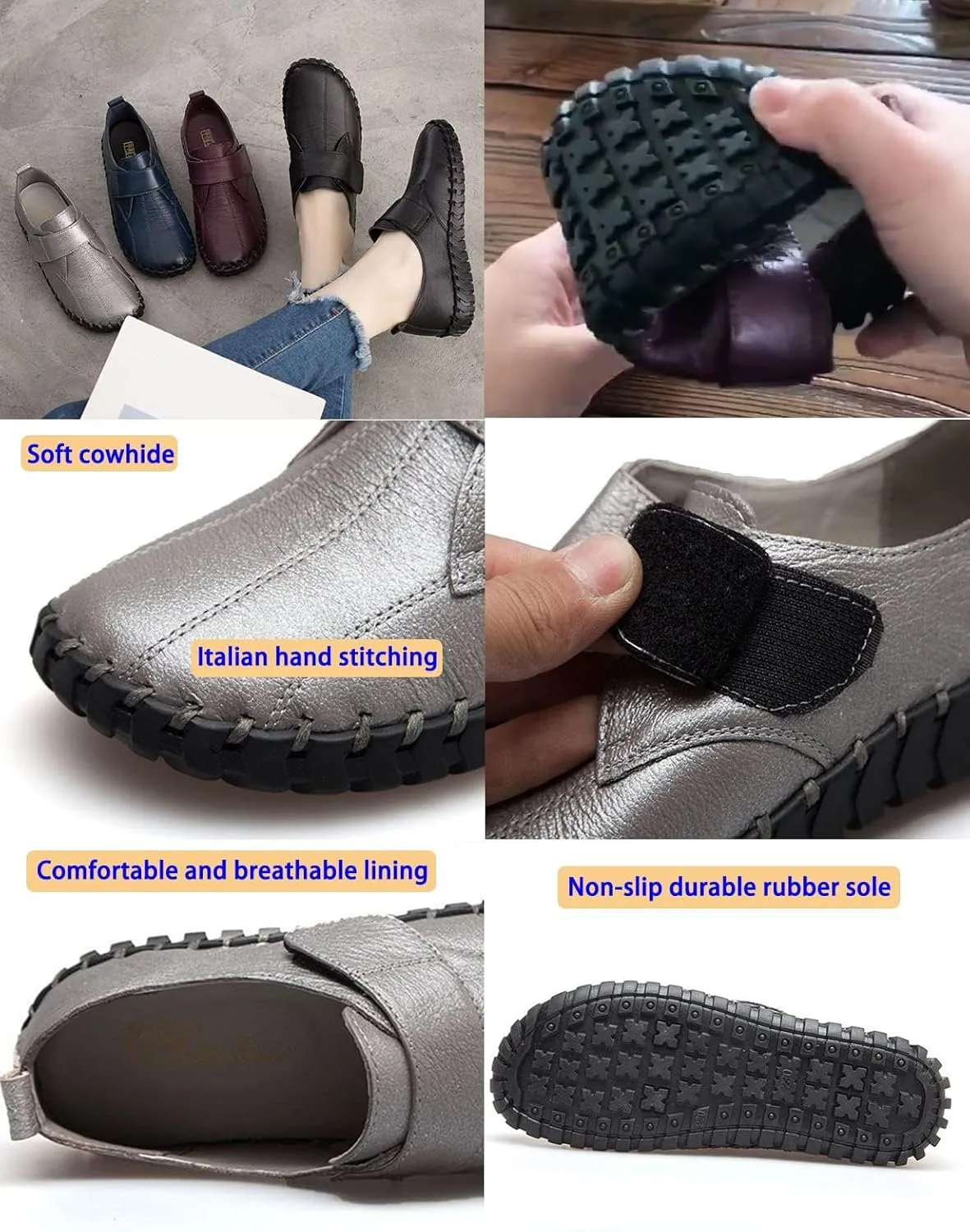 BlackeEight Women's Non Slip Nursing Shoes,Comfy Hand-Stitching Leather Non-Slip Softsole Hook and Loop Casual Walking Loafers