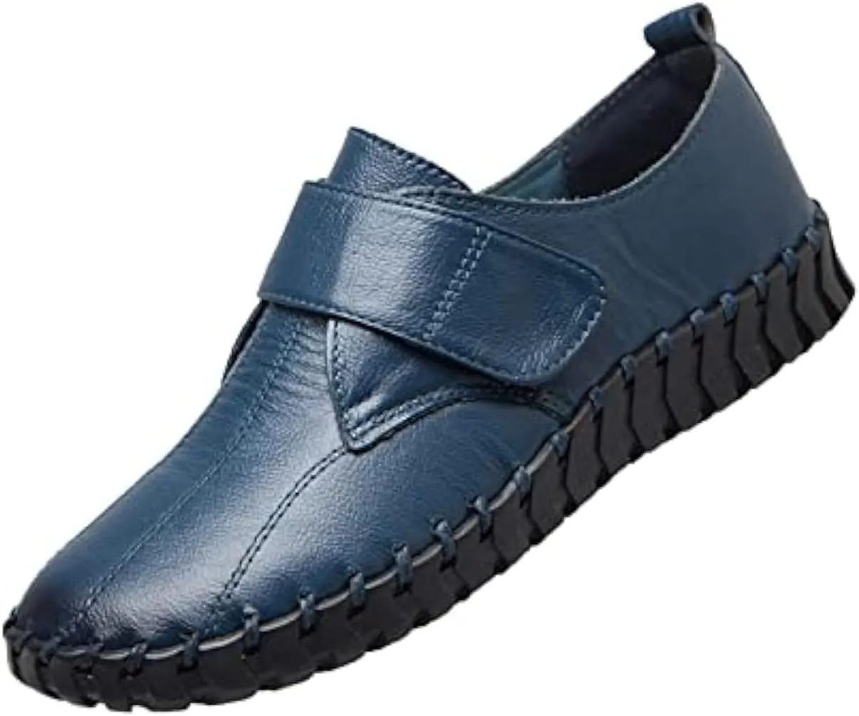 BlackeEight Women's Non Slip Nursing Shoes,Comfy Hand-Stitching Leather Non-Slip Softsole Hook and Loop Casual Walking Loafers