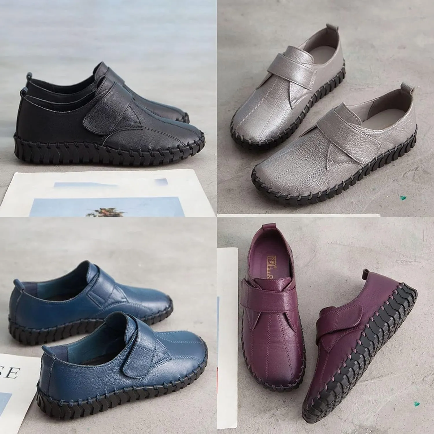 BlackeEight Women's Non Slip Nursing Shoes,Comfy Hand-Stitching Leather Non-Slip Softsole Hook and Loop Casual Walking Loafers