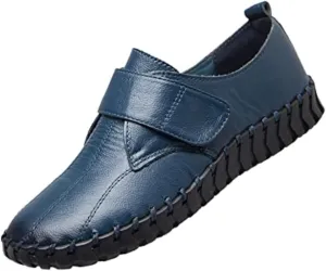 BlackeEight Women's Non Slip Nursing Shoes,Comfy Hand-Stitching Leather Non-Slip Softsole Hook and Loop Casual Walking Loafers