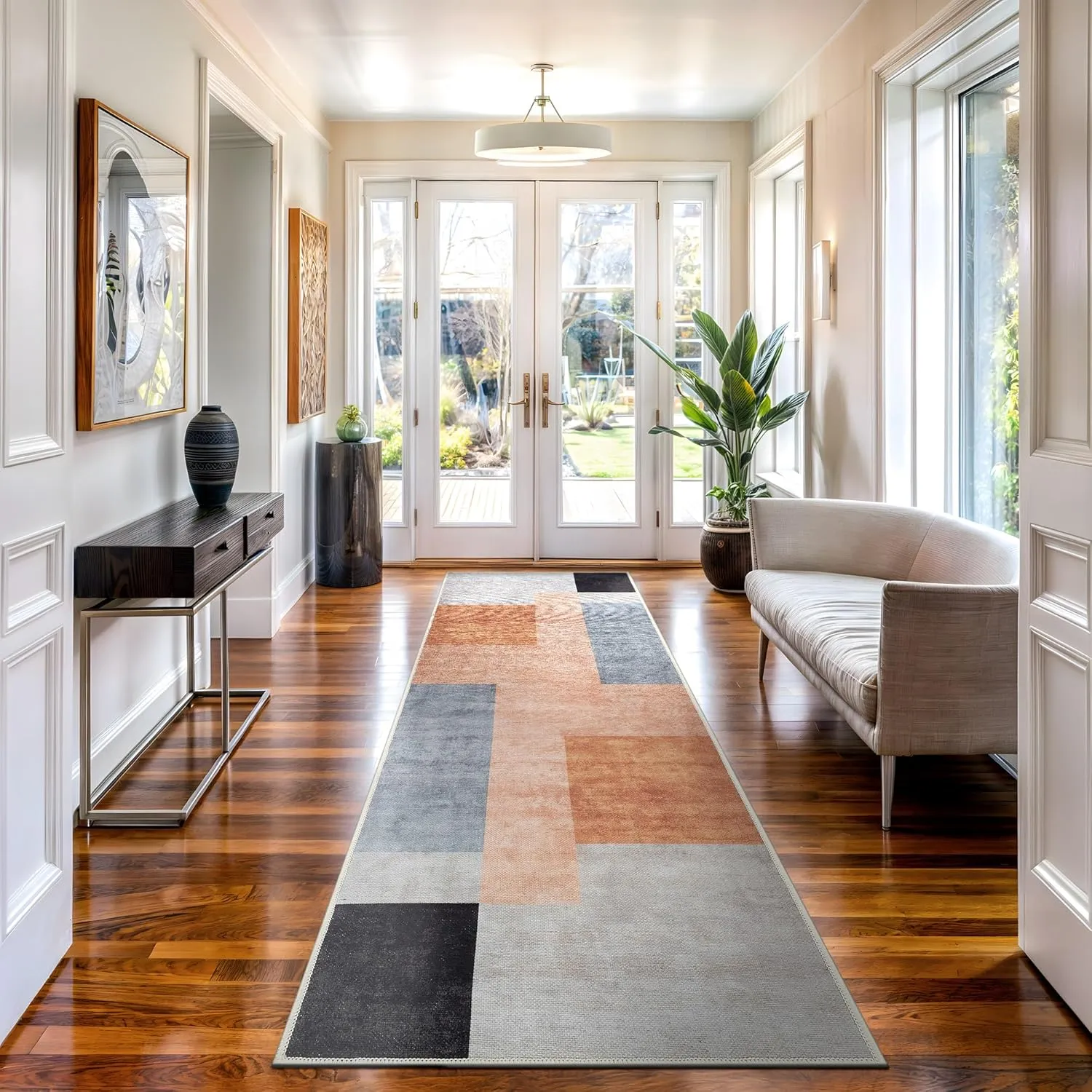 Bloom Rugs Washable Non-Slip 7 ft Runner - Coral/Burnt Orange Modern Geometric Runner for Entryway, Hallway, Bathroom, and Kitchen - Exact Size: 2.5' x 7'