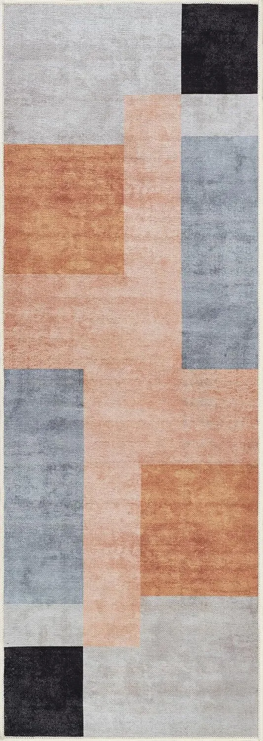 Bloom Rugs Washable Non-Slip 7 ft Runner - Coral/Burnt Orange Modern Geometric Runner for Entryway, Hallway, Bathroom, and Kitchen - Exact Size: 2.5' x 7'