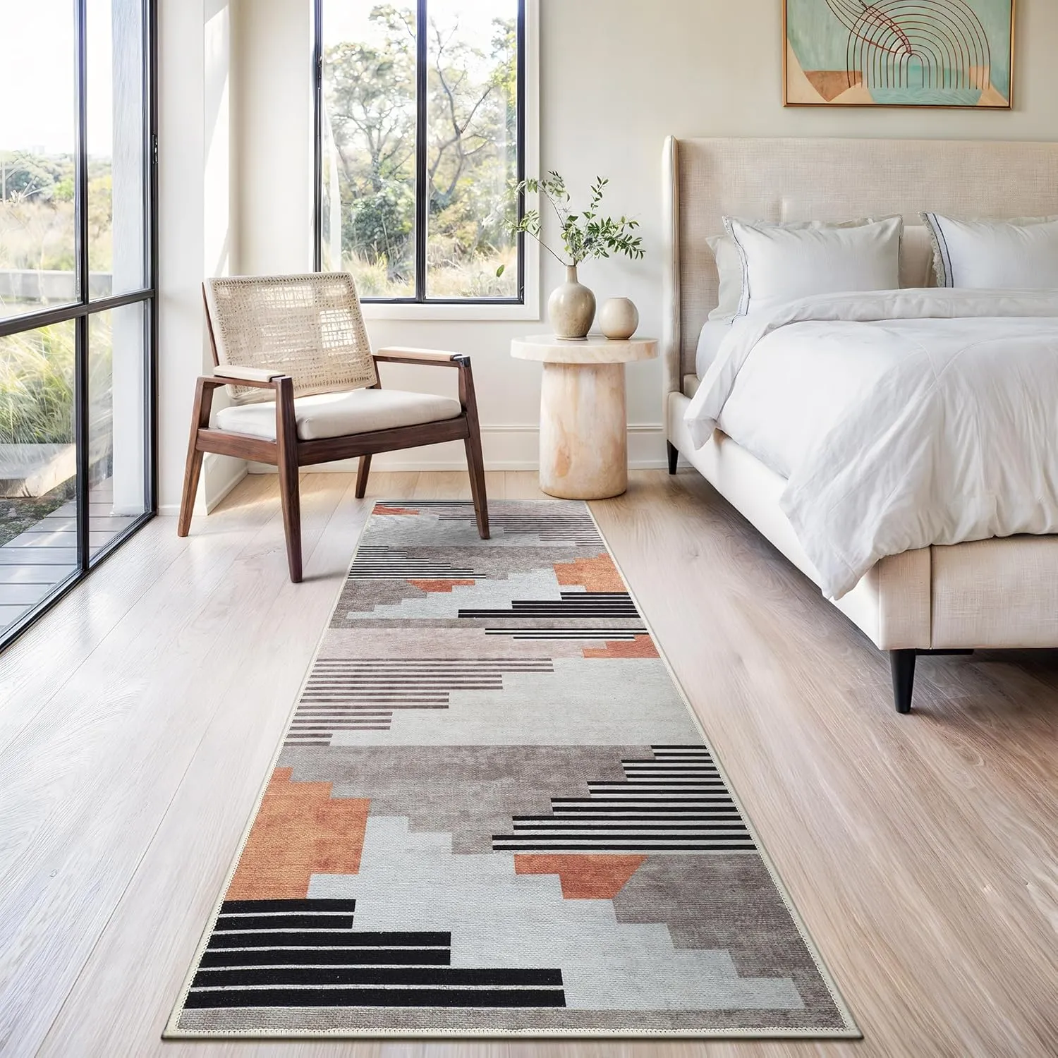 Bloom Rugs Washable Non-Slip 7 ft Runner - Light Gray/Burnt Orange Modern Geometric Runner for Entryway, Hallway, Bathroom, and Kitchen - Exact Size: 2.5' x 7'