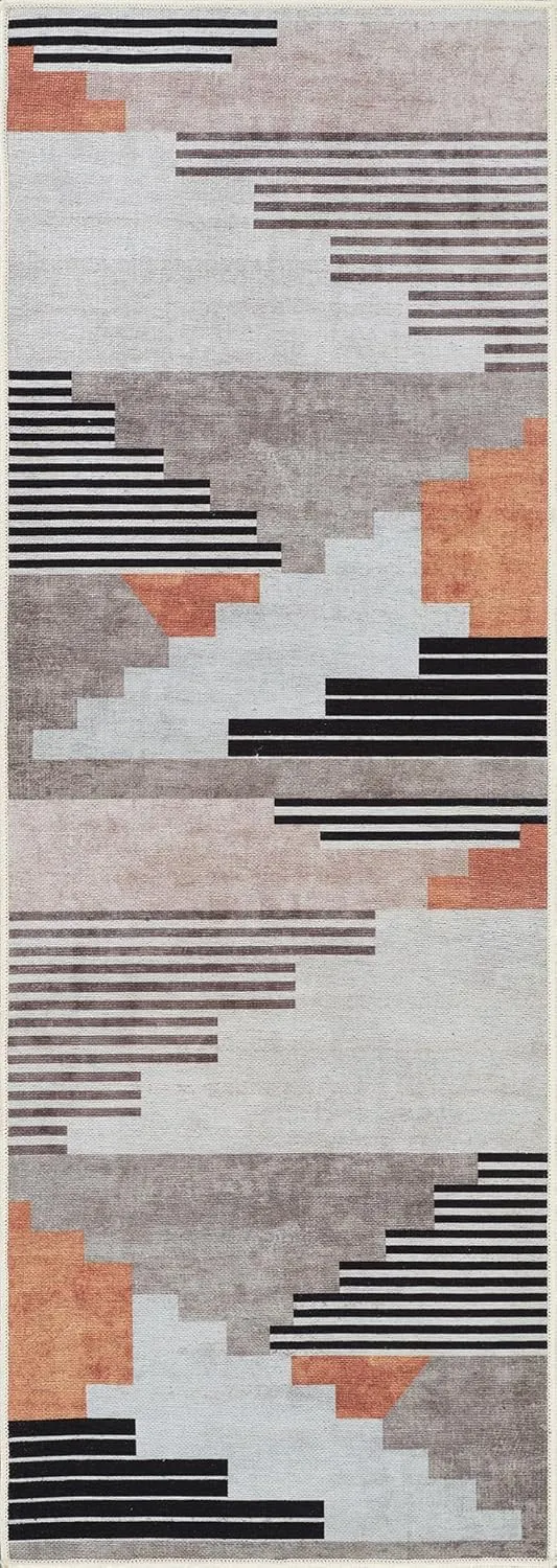 Bloom Rugs Washable Non-Slip 7 ft Runner - Light Gray/Burnt Orange Modern Geometric Runner for Entryway, Hallway, Bathroom, and Kitchen - Exact Size: 2.5' x 7'