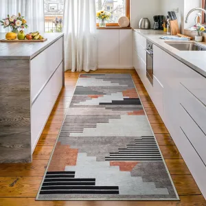 Bloom Rugs Washable Non-Slip 7 ft Runner - Light Gray/Burnt Orange Modern Geometric Runner for Entryway, Hallway, Bathroom, and Kitchen - Exact Size: 2.5' x 7'