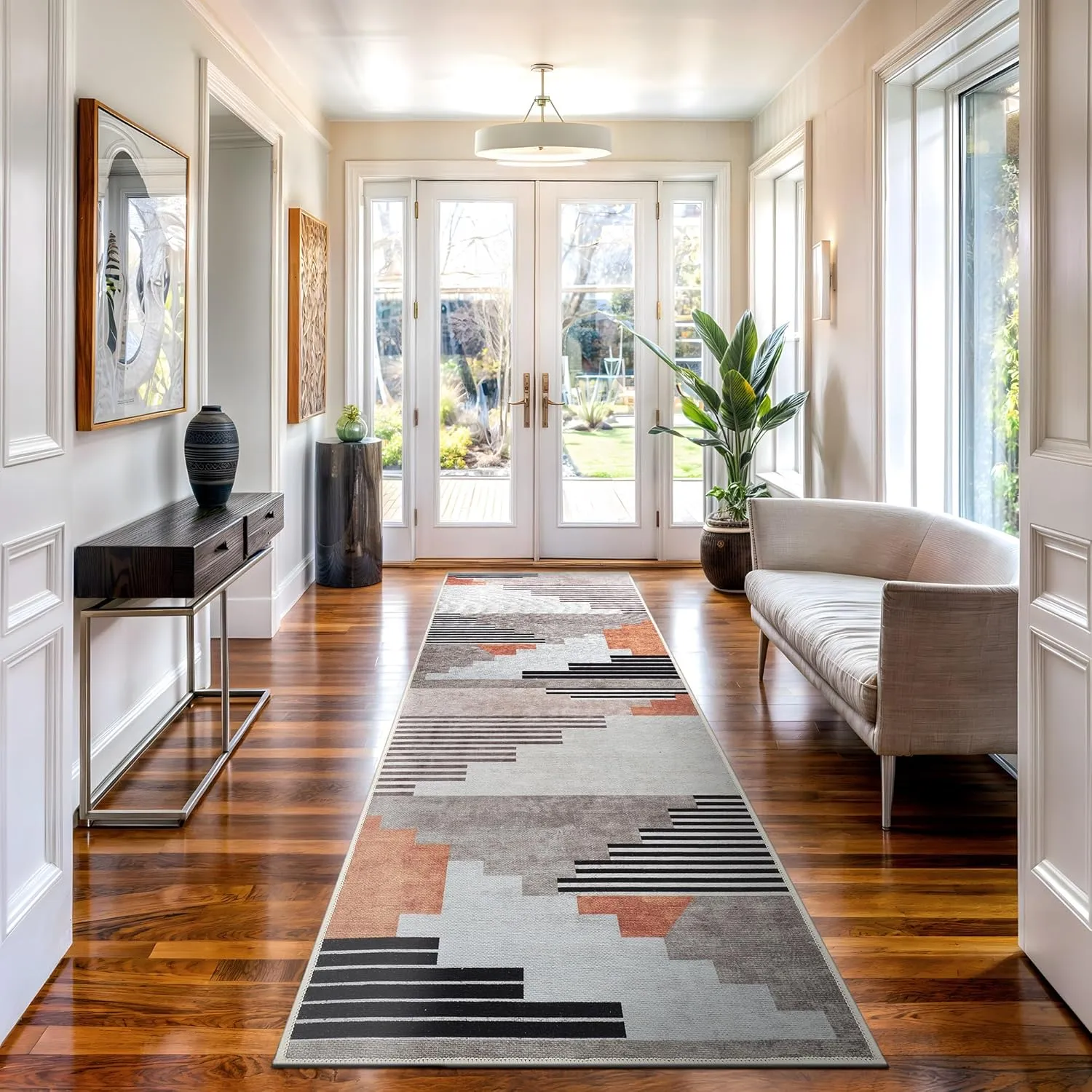 Bloom Rugs Washable Non-Slip 7 ft Runner - Light Gray/Burnt Orange Modern Geometric Runner for Entryway, Hallway, Bathroom, and Kitchen - Exact Size: 2.5' x 7'