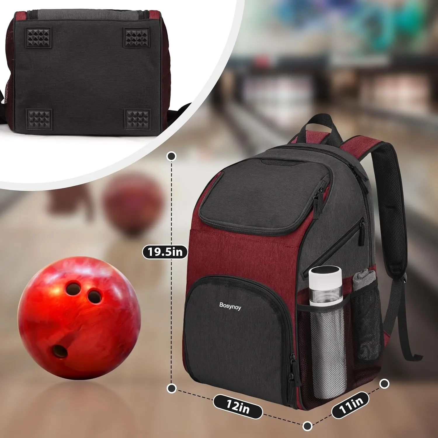 Bosynoy Bowling Backpack, Bowling Ball Bag for Single Ball with Shoe Compartment & Protective Foam Padded, Fits Shoes Up to US Mens Size 16, Grey