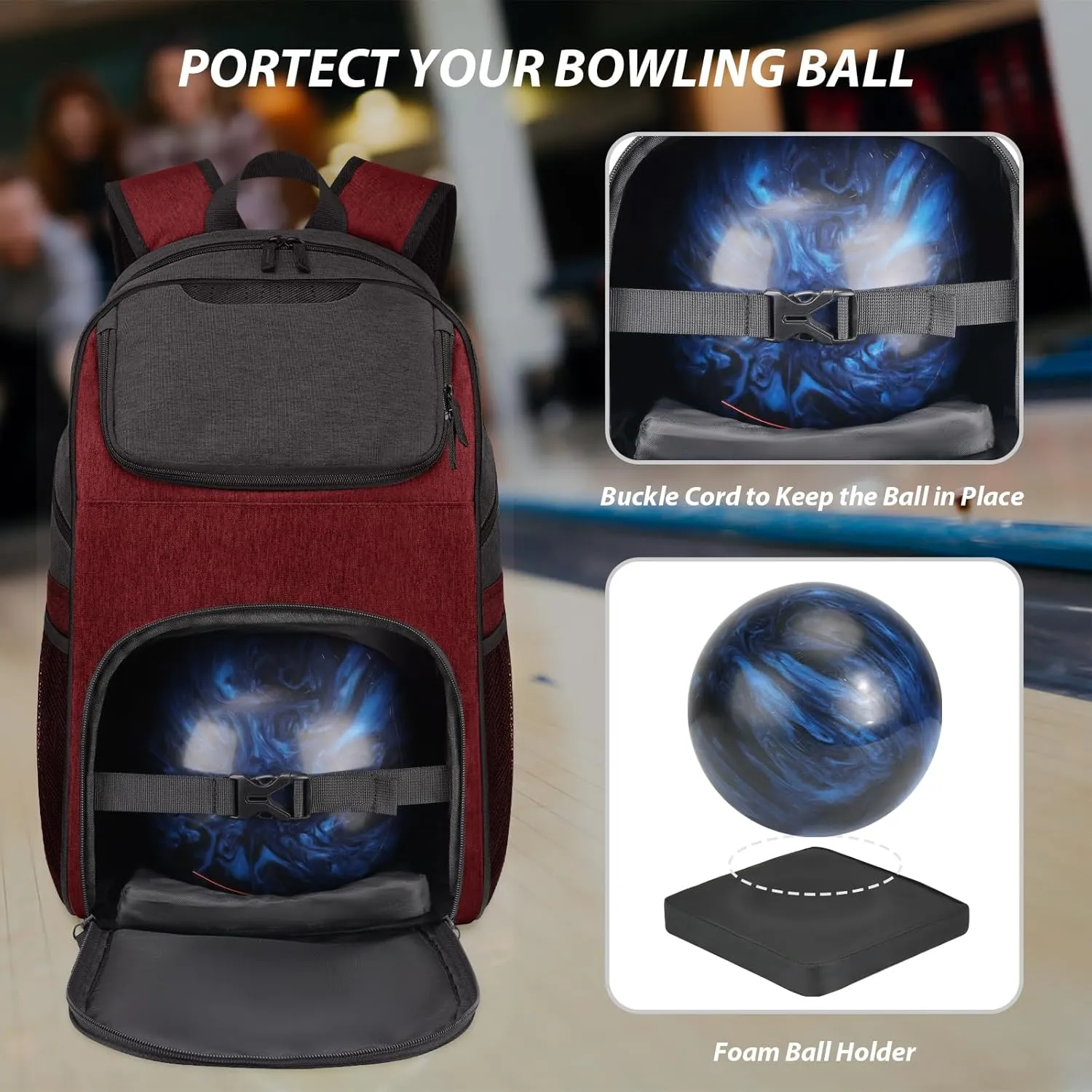 Bosynoy Bowling Backpack, Bowling Ball Bag for Single Ball with Shoe Compartment & Protective Foam Padded, Fits Shoes Up to US Mens Size 16, Grey