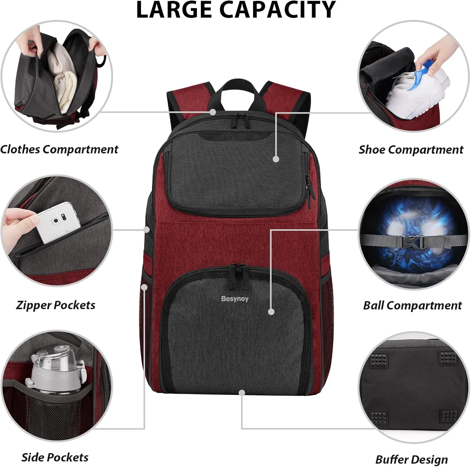 Bosynoy Bowling Backpack, Bowling Ball Bag for Single Ball with Shoe Compartment & Protective Foam Padded, Fits Shoes Up to US Mens Size 16, Grey